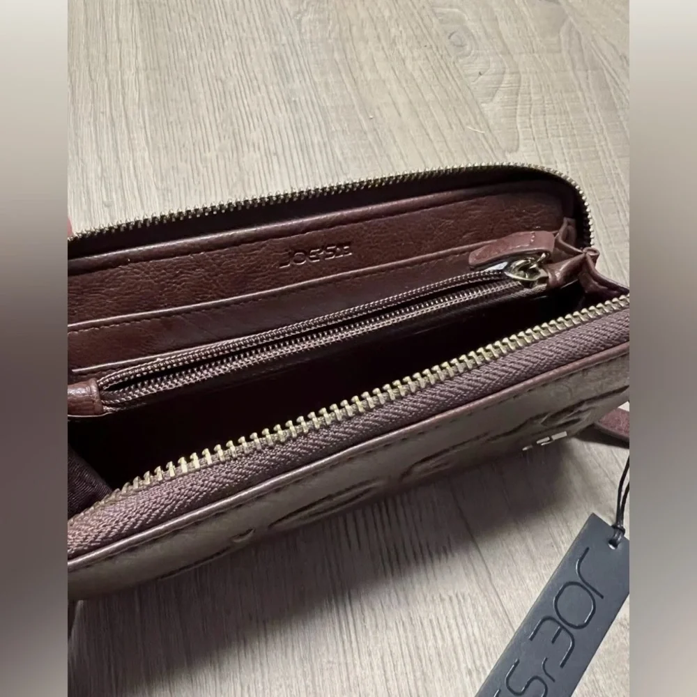JOE'S Jeans Brown Embossed Logo Leather Zip Around ‎ Long Wallet  Clutch